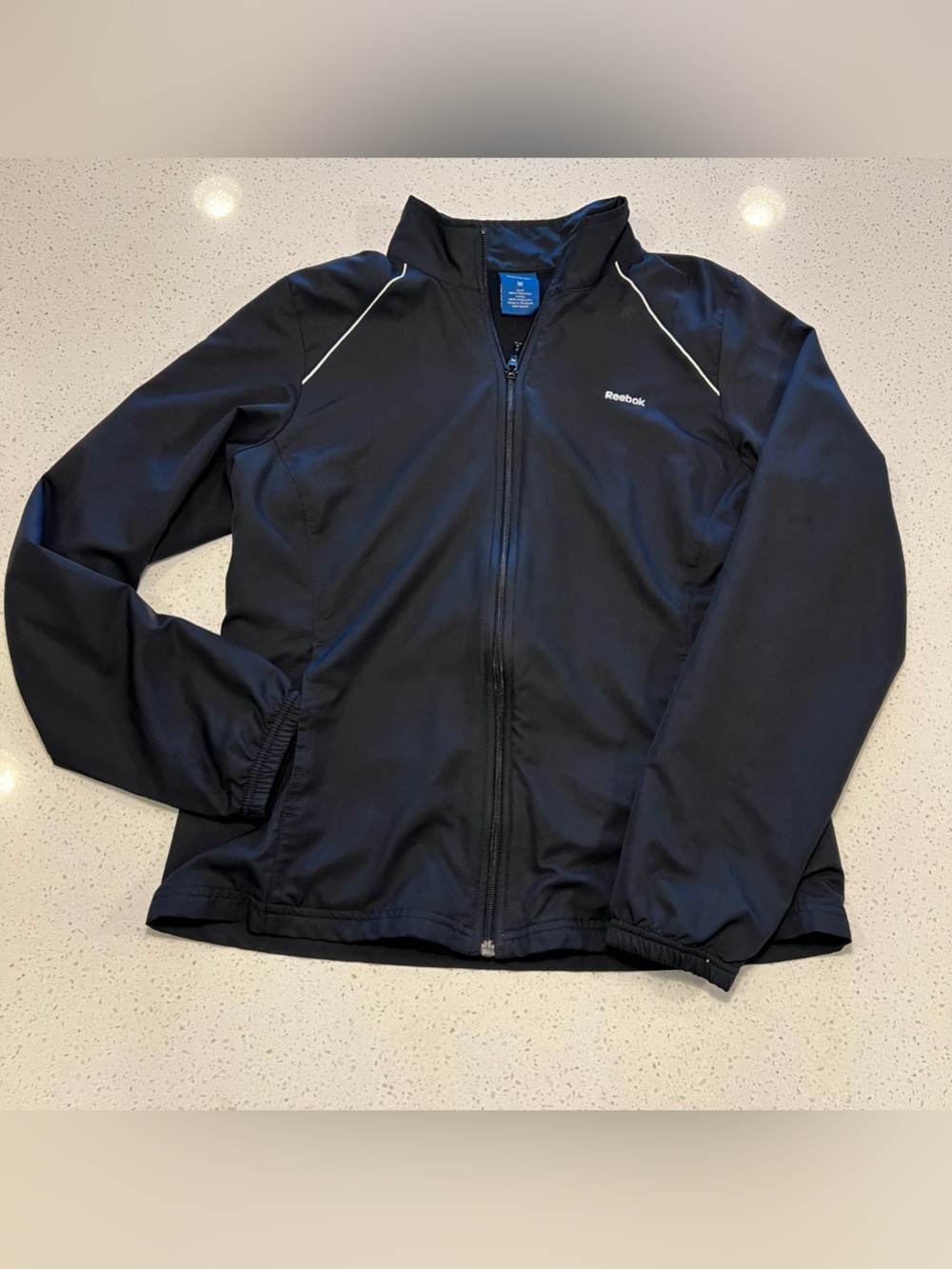 Reebok Women's Black Full Zip Track Jacket White Piping Size Medium Mesh Lining